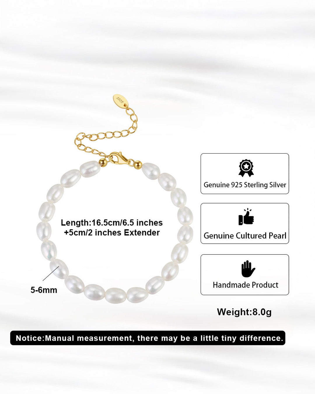 14K Gold Plated 925 Sterling Silver & Genuine Cultured Pearl BRACELET | NARA