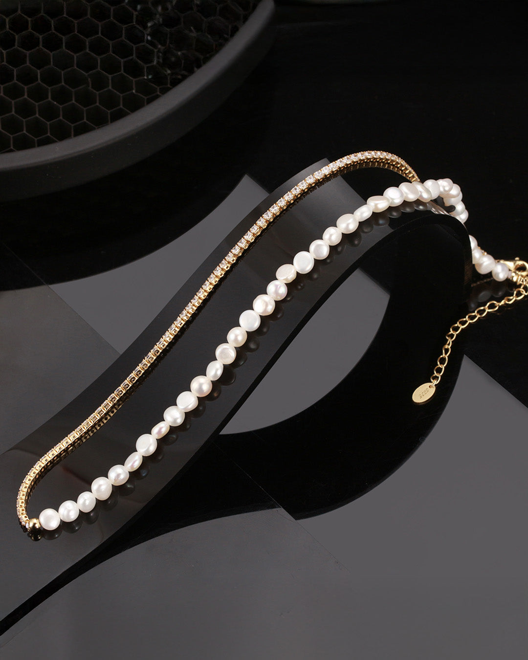 VELIN NECKLACE - 14K GOLD PLATED, PEARL & AAAA CUBIC ZIRCONIA