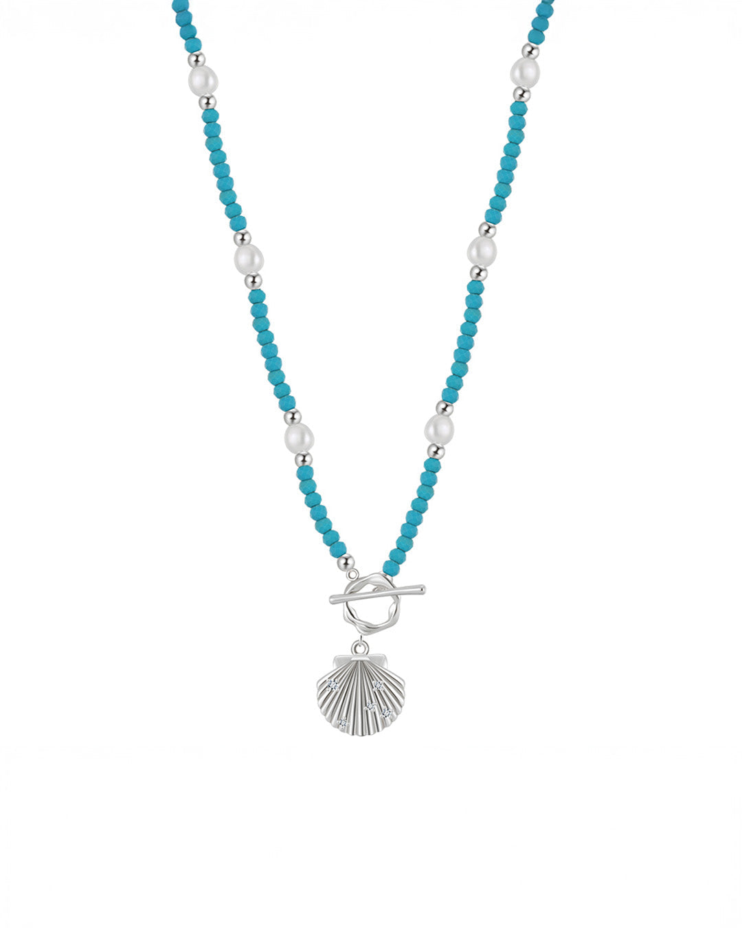 RHODIUM PLATED 925 STERLING SILVER, NATURAL FRESHWATER PEARL & TURQUOISE NECKLACE | RAVINE