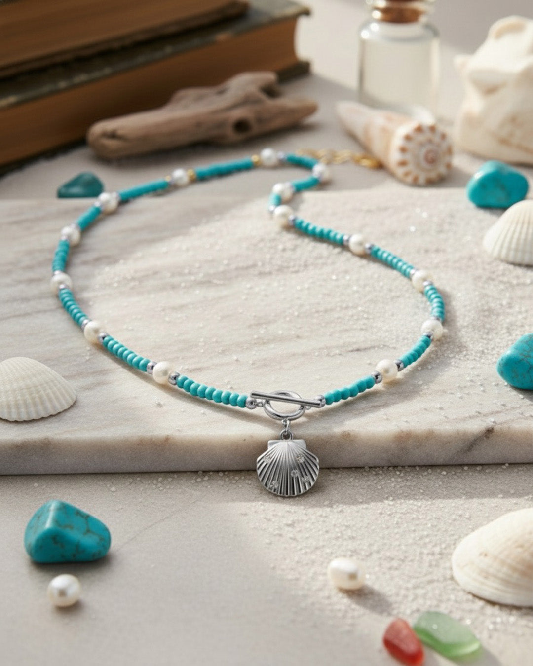 RHODIUM PLATED 925 STERLING SILVER, NATURAL FRESHWATER PEARL & TURQUOISE NECKLACE | RAVINE