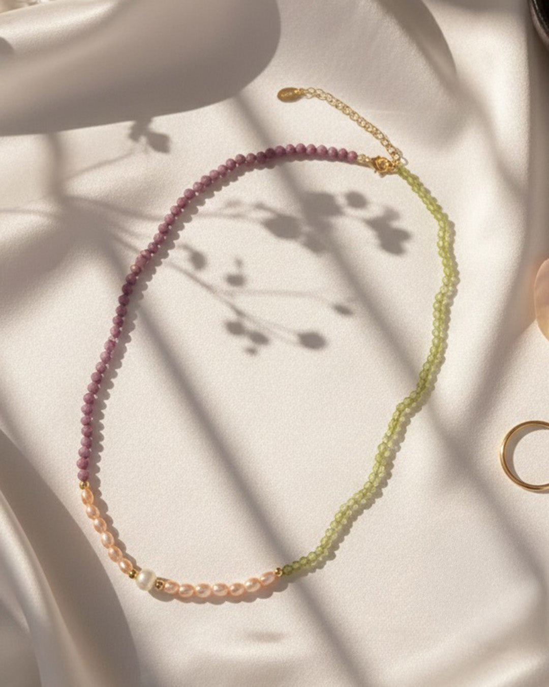 ZELORA NECKLACE - 14K GOLD PLATED 925 STERLING SILVER, NATURAL FRESHWATER PEARL, PURPLE MICA & PERIDOT