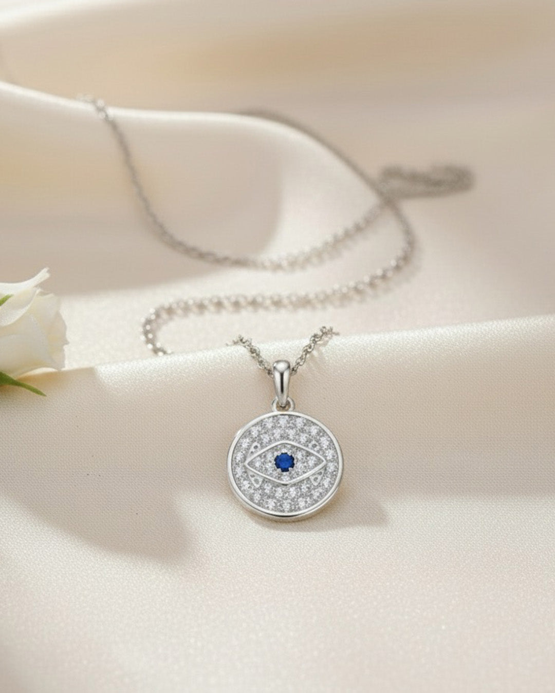 RHODIUM PLATED 925 STERLING SILVER & AAAA CUBIC ZIRCON NECKLACE | OEIL BLUE