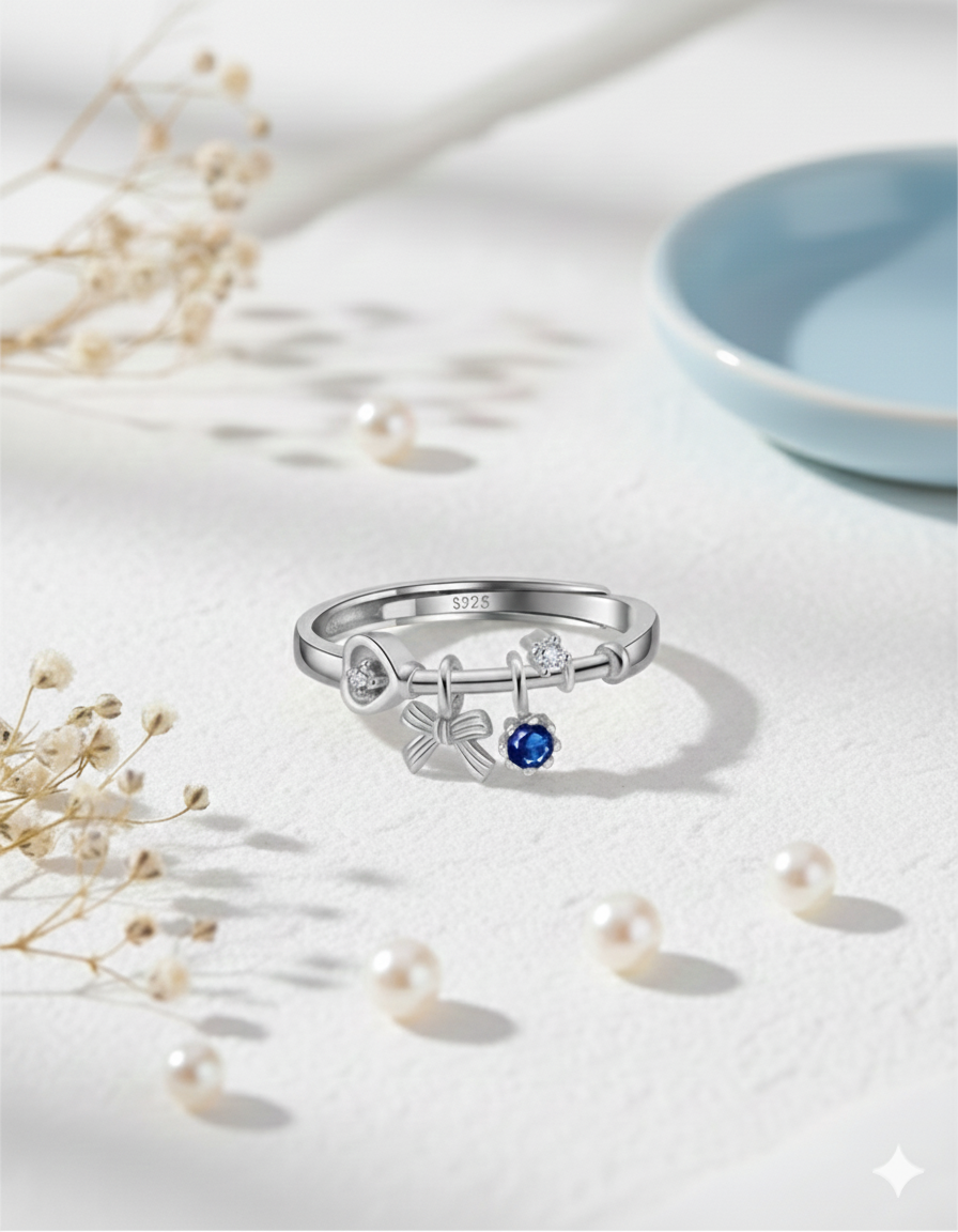 JOUXETTE RING - RHODIUM PLATED 925 STERLING SILVER, 5A CUBIC ZIRCONIA & CREATED SAPPHIRE