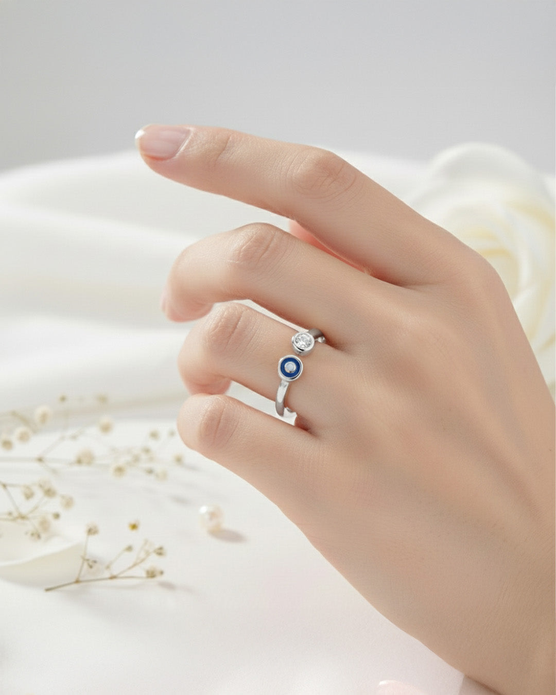 NÉA RING - RHODIUM PLATED 925 STERLING SILVER, 5A CUBIC ZIRCONIA & ENAMEL