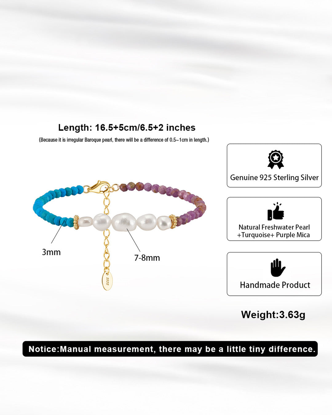 14K Gold Plated 925 Sterling Silver - Pearl - Turquoise & Purple Mica BRACELET | BRYON