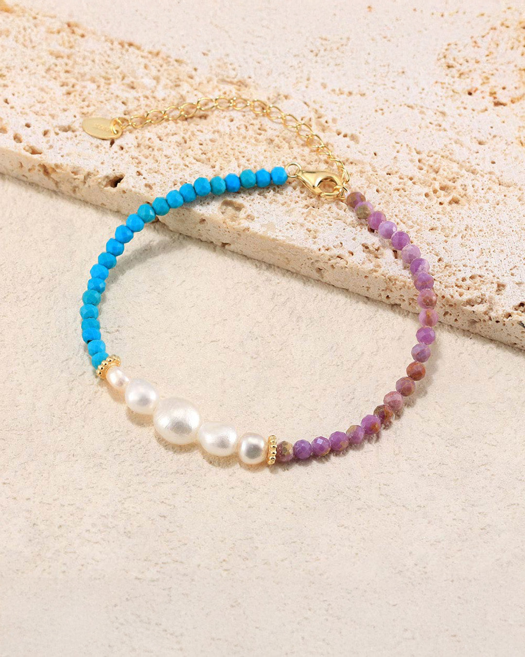 14K Gold Plated 925 Sterling Silver - Pearl - Turquoise & Purple Mica BRACELET | BRYON