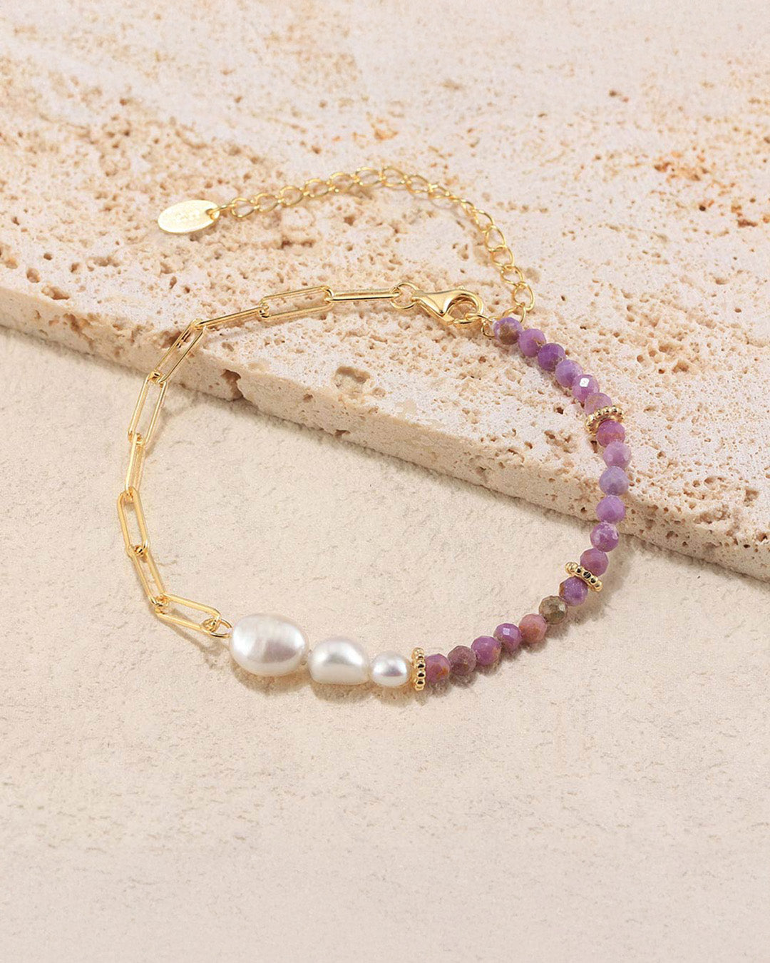 14K Gold Plated 925 Sterling Silver , Natural Freshwater Pearl & Purple Mica BRACELET | TULAY