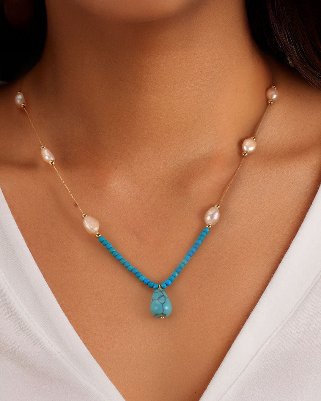 TALYRA NECKLACE - 14K GOLD PLATED, PEARL & TURQUOISE