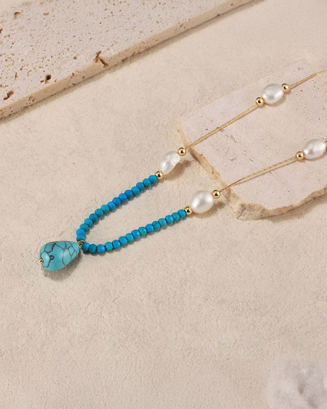 TALYRA NECKLACE - 14K GOLD PLATED, PEARL & TURQUOISE