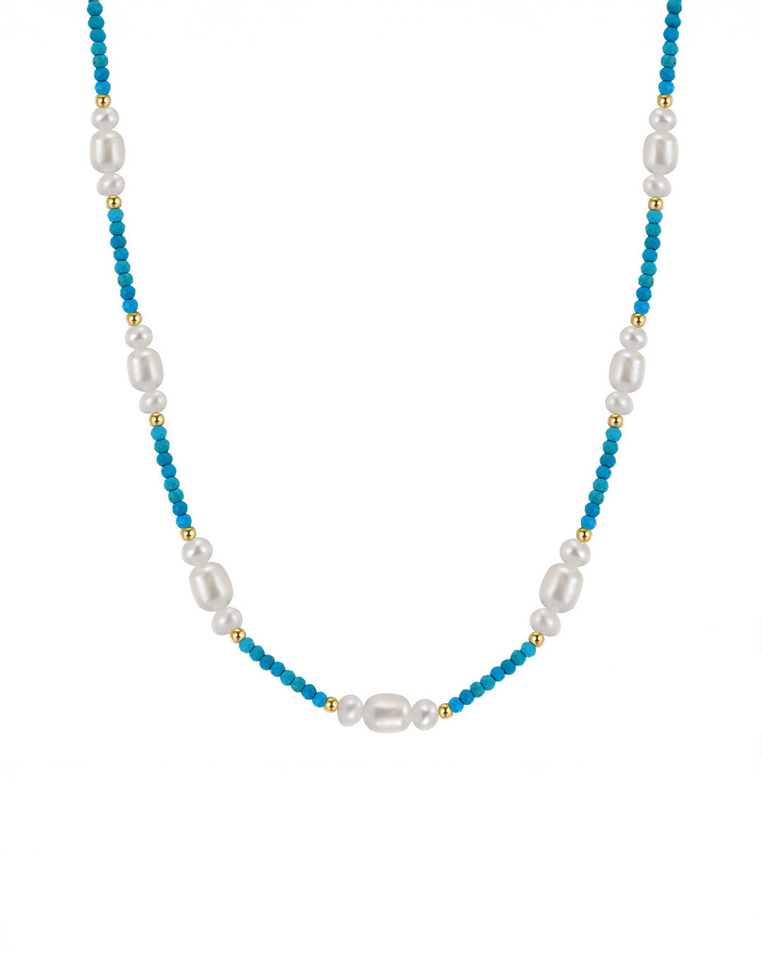 14K GOLD PLATED 925 STERLING SILVER, NATURAL FRESHWATER PEARL & TURQUOISE NECKLACE | ZALEEN