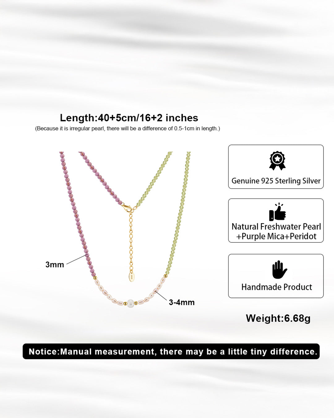 ZELORA NECKLACE - 14K GOLD PLATED 925 STERLING SILVER, NATURAL FRESHWATER PEARL, PURPLE MICA & PERIDOT