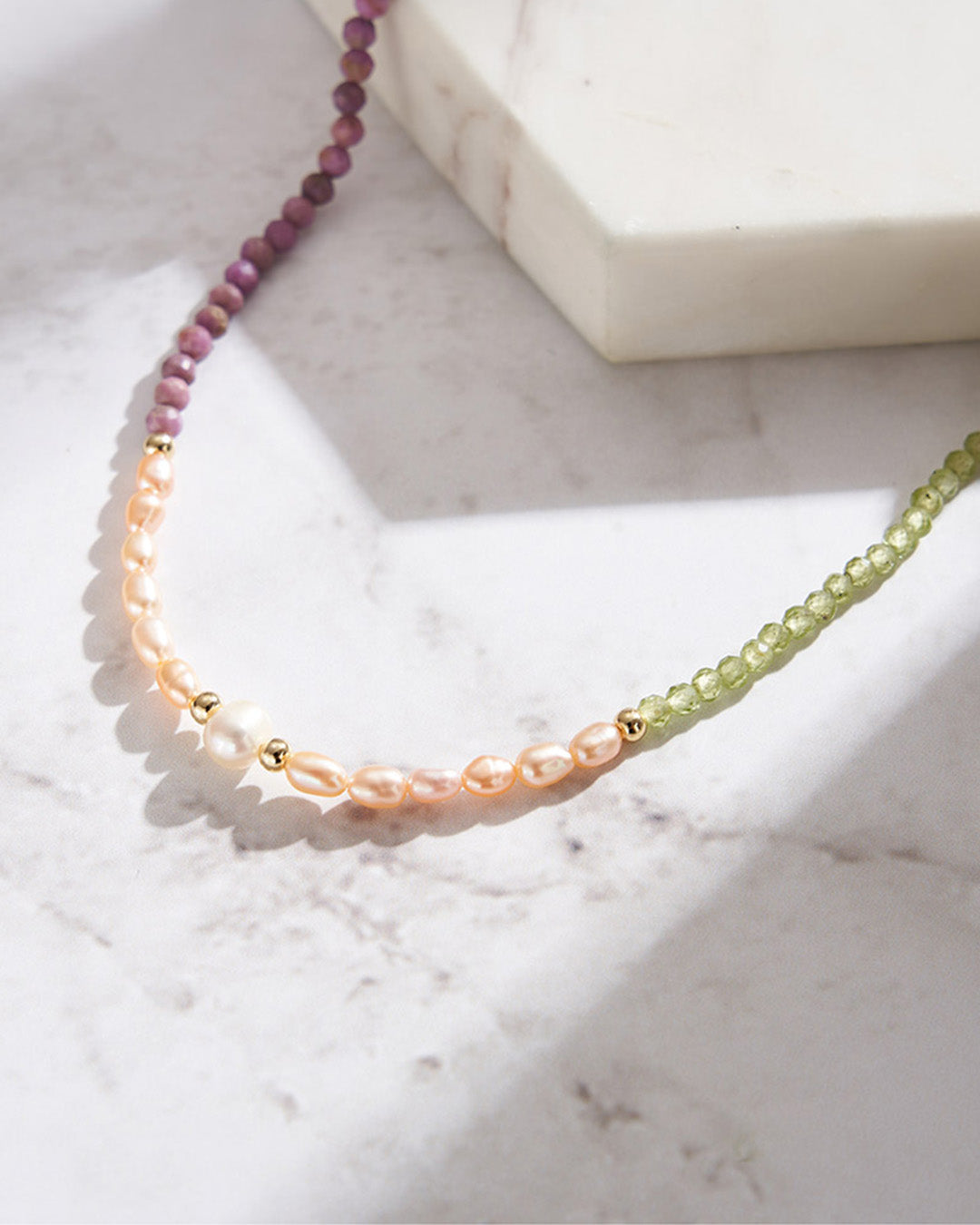 ZELORA NECKLACE - 14K GOLD PLATED 925 STERLING SILVER, NATURAL FRESHWATER PEARL, PURPLE MICA & PERIDOT
