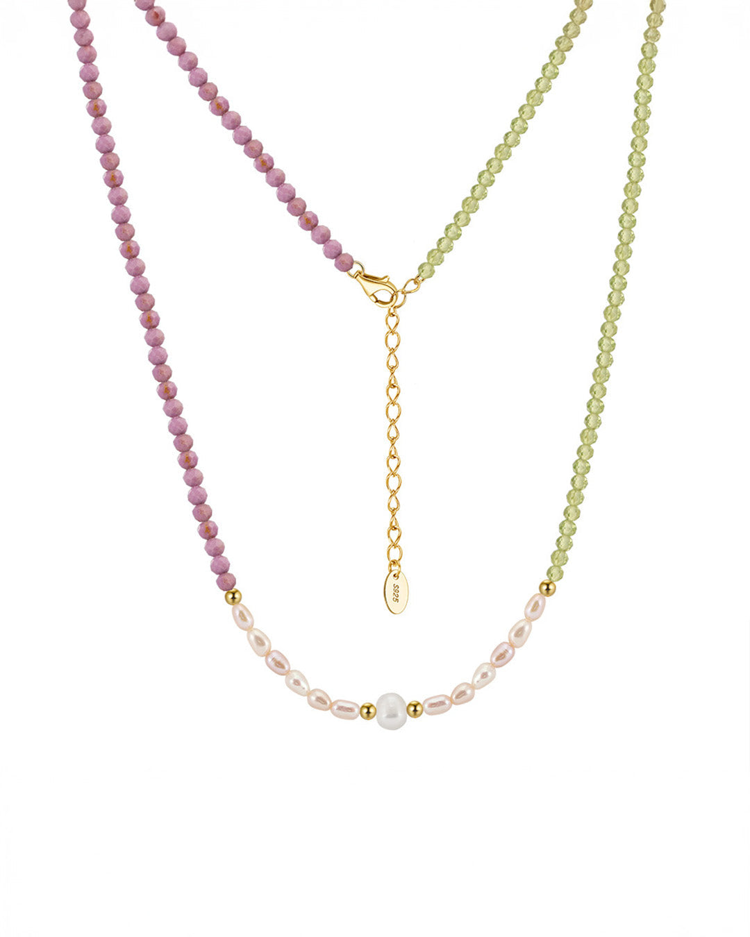 ZELORA NECKLACE - 14K GOLD PLATED 925 STERLING SILVER, NATURAL FRESHWATER PEARL, PURPLE MICA & PERIDOT