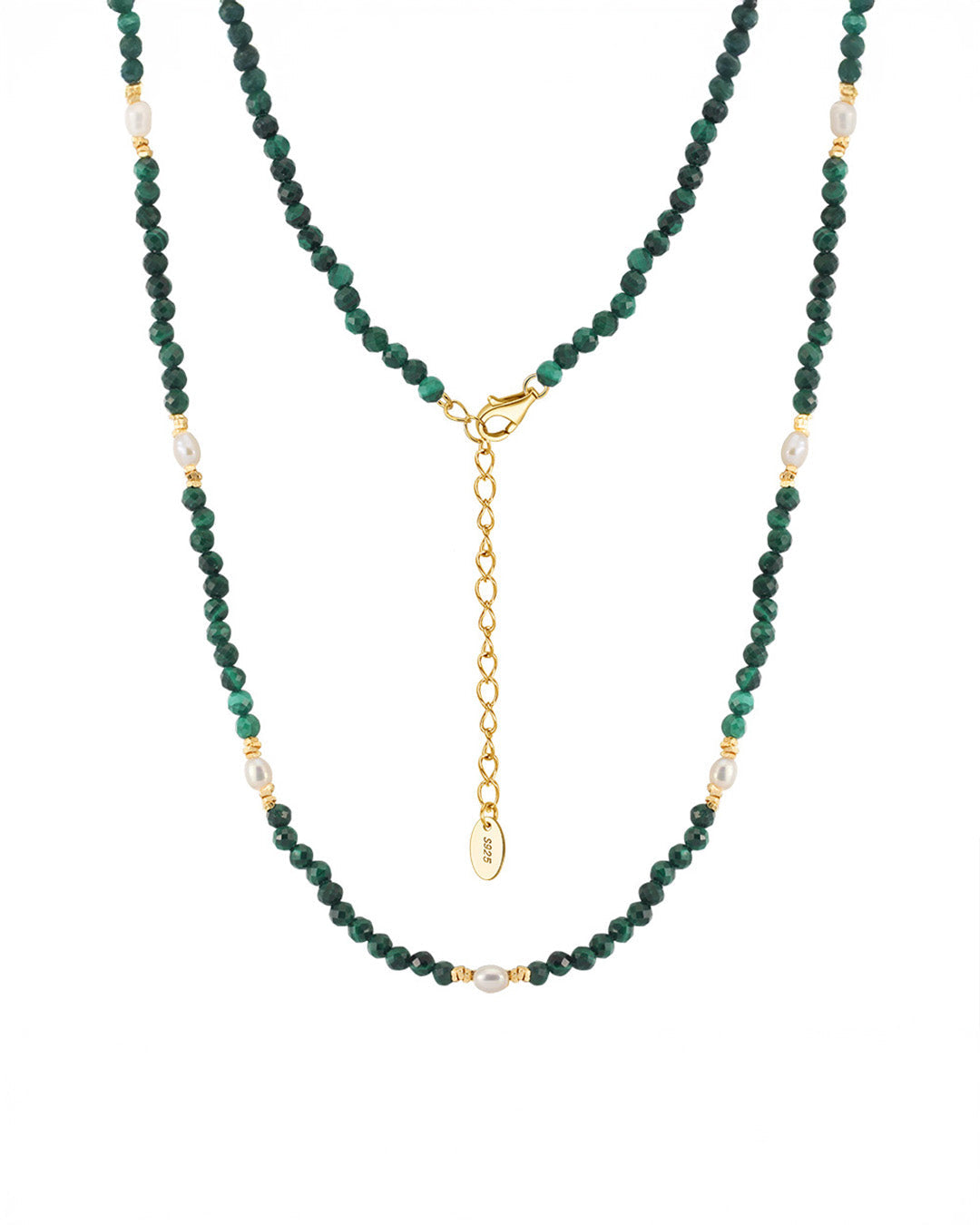 14K GOLD PLATED 925 STERLING SILVER, NATURAL FRESHWATER PEARL & MALACHITE NECKLACE | ZUMÉA