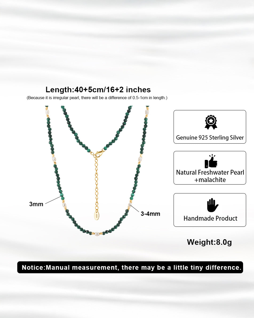 14K GOLD PLATED 925 STERLING SILVER, NATURAL FRESHWATER PEARL & MALACHITE NECKLACE | ZUMÉA