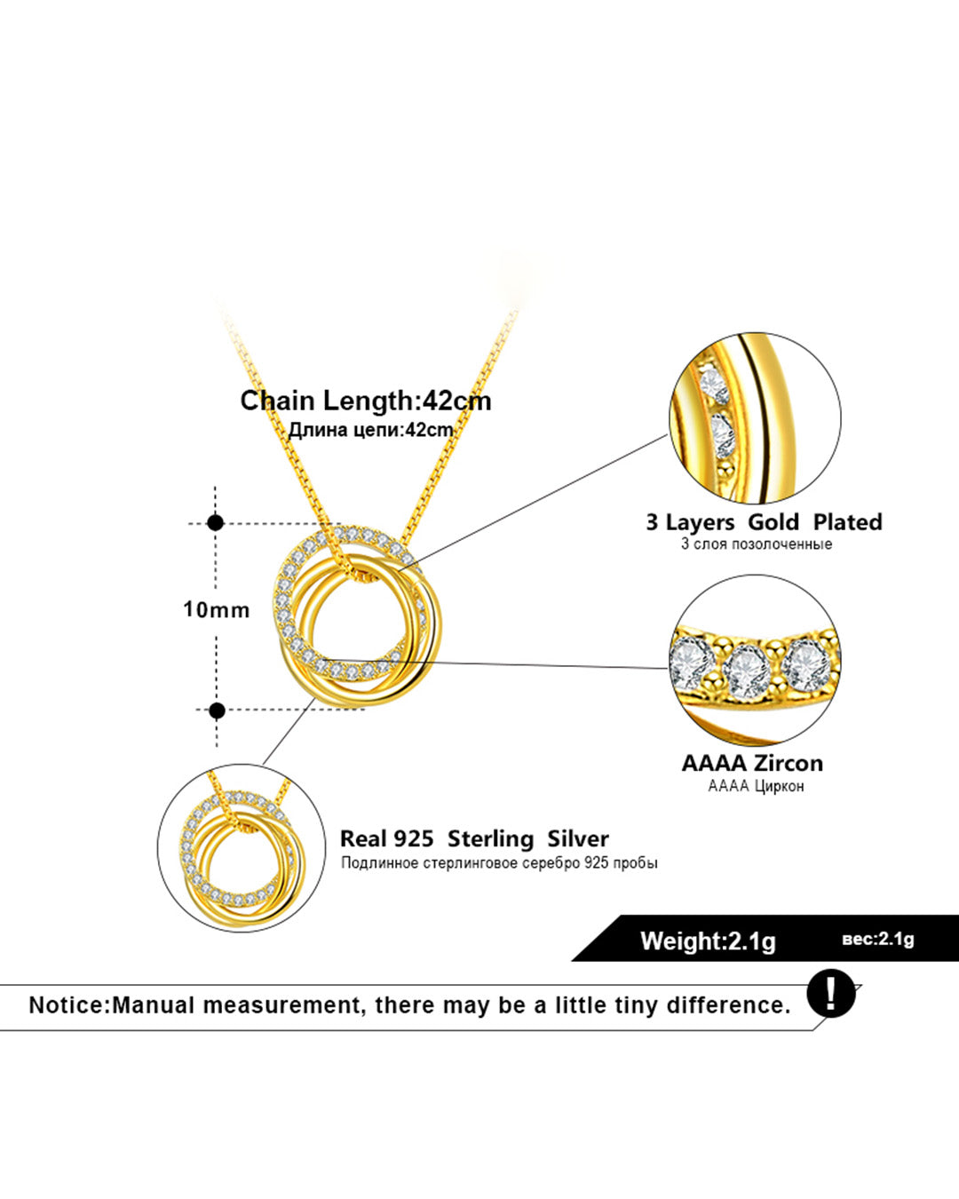 CYLORA NECKLACE - 3 LAYERS 14K GOLD PLATED 925 STERLING SILVER & AAAA ZIRCON