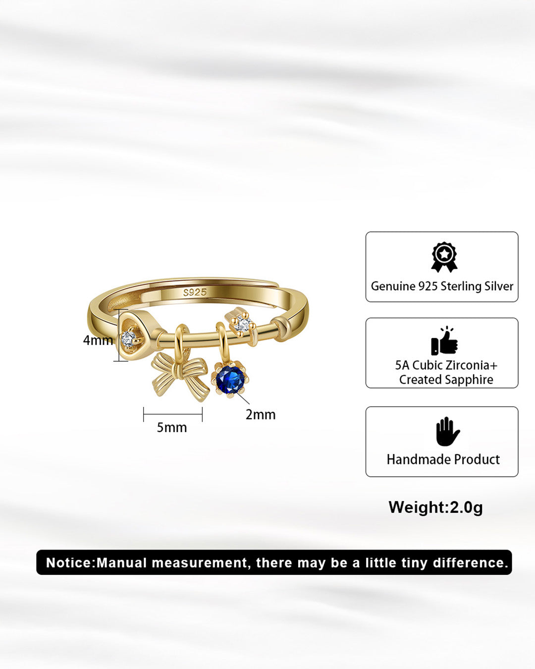 JOUXETTE RING - 14K GOLD PLATED 925 STERLING SILVER, 5A CUBIC ZIRCONIA & CREATED SAPPHIRE