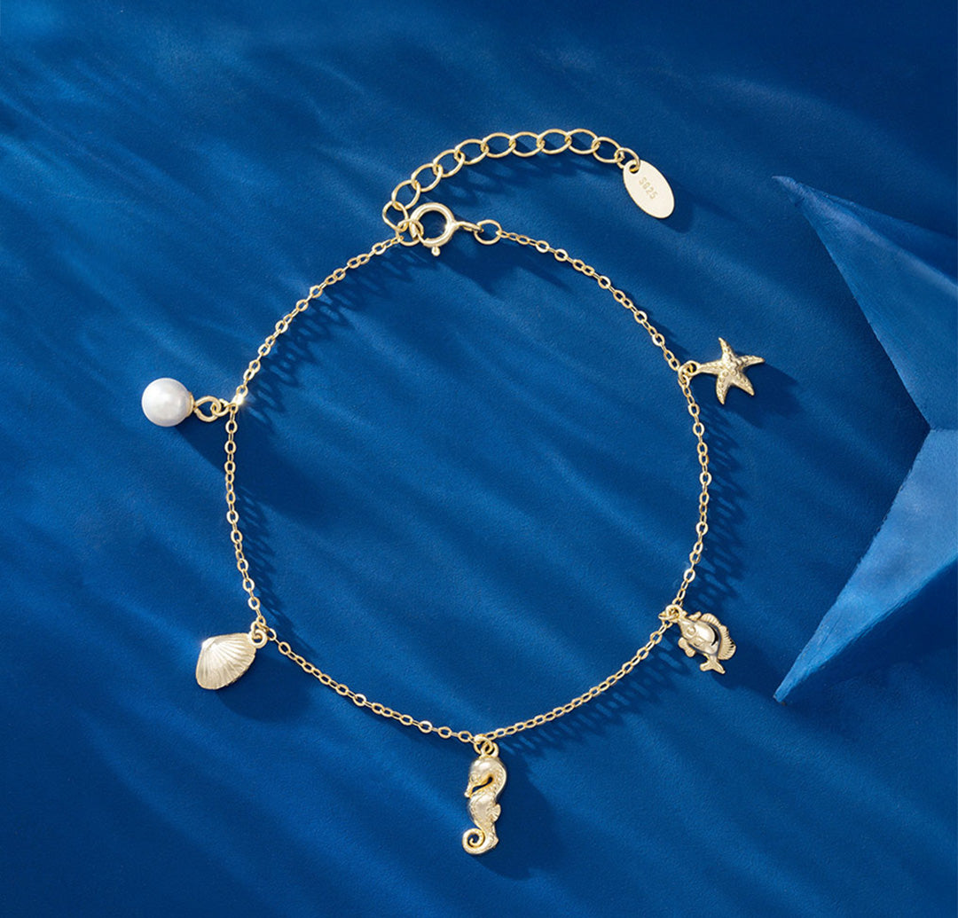 14K Gold Plated 925 Sterling Silver &amp; Pearl BRACELET | MOMENTS SEA CHARM