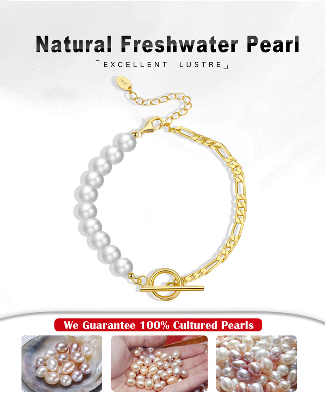 14K Gold Plated 925 Sterling Silver &amp; Natural Freshwater Pearl BRACELET | ELON