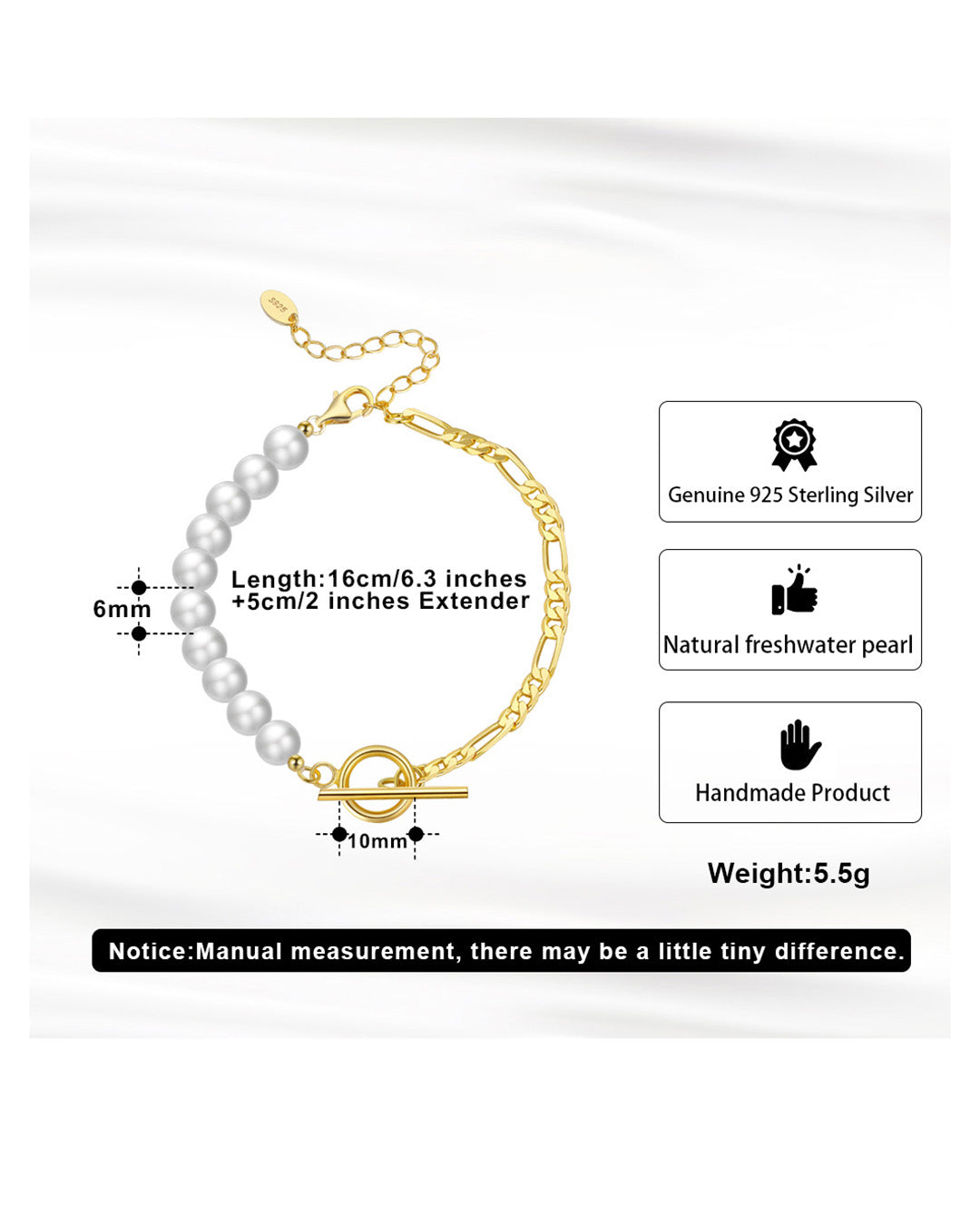 14K Gold Plated 925 Sterling Silver &amp; Natural Freshwater Pearl BRACELET | ELON