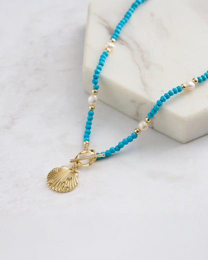RAVINE NECKLACE - 14K GOLD PLATED, NATURAL FRESHWATER PEARL &amp; TURQUOISE