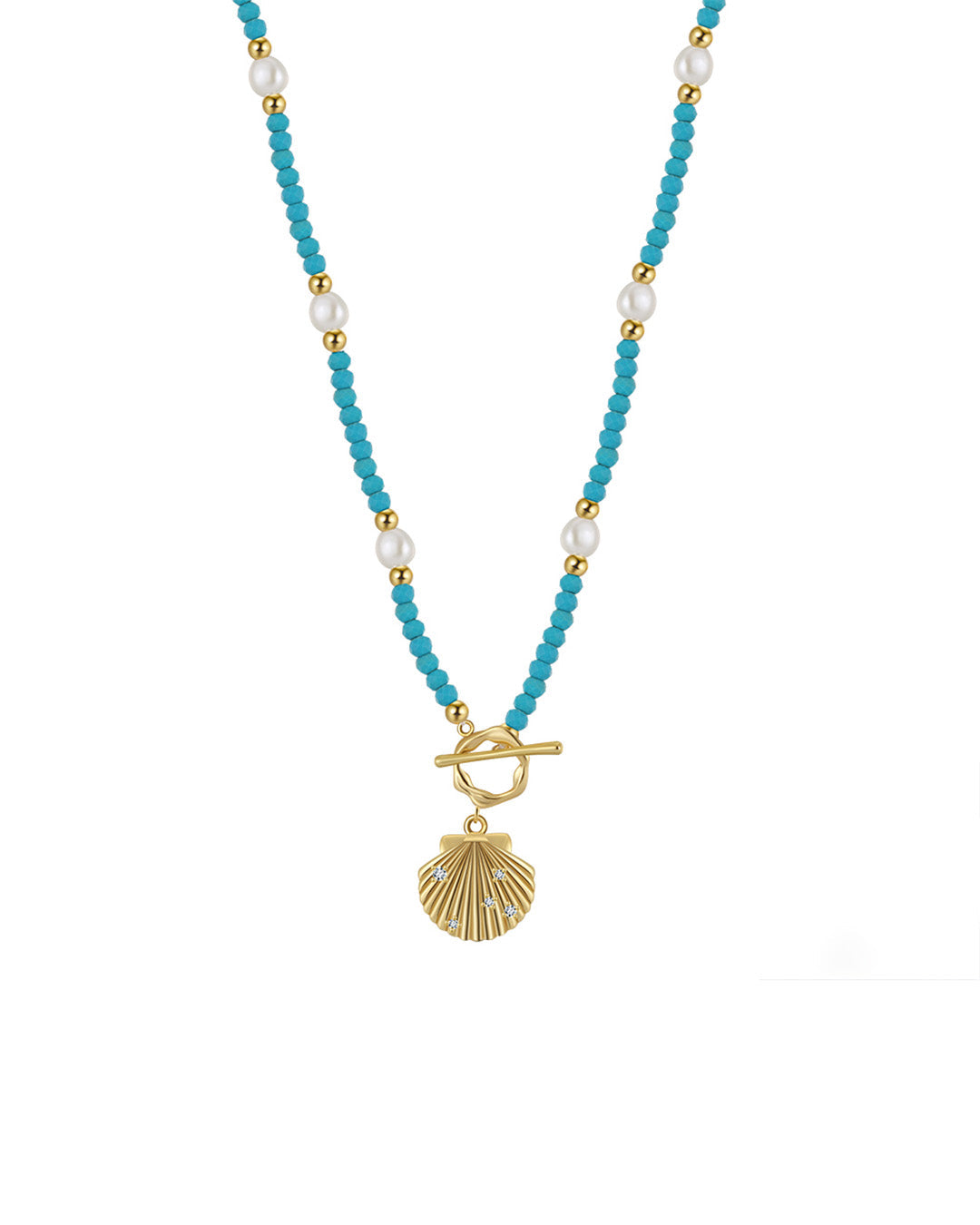 RAVINE NECKLACE - 14K GOLD PLATED, NATURAL FRESHWATER PEARL &amp; TURQUOISE