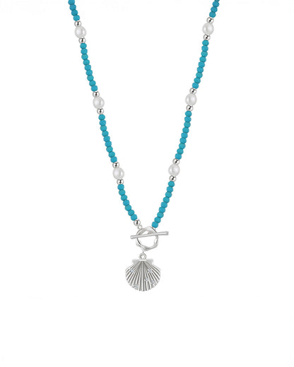 RHODIUM PLATED 925 STERLING SILVER, NATURAL FRESHWATER PEARL &amp; TURQUOISE NECKLACE | RAVINE