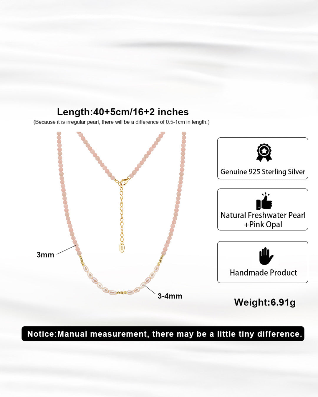 14K GOLD PLATED 925 STERLING SILVER, NATURAL FRESHWATER PEARL &amp; PINK OPAL NECKLACE | ROSELLE