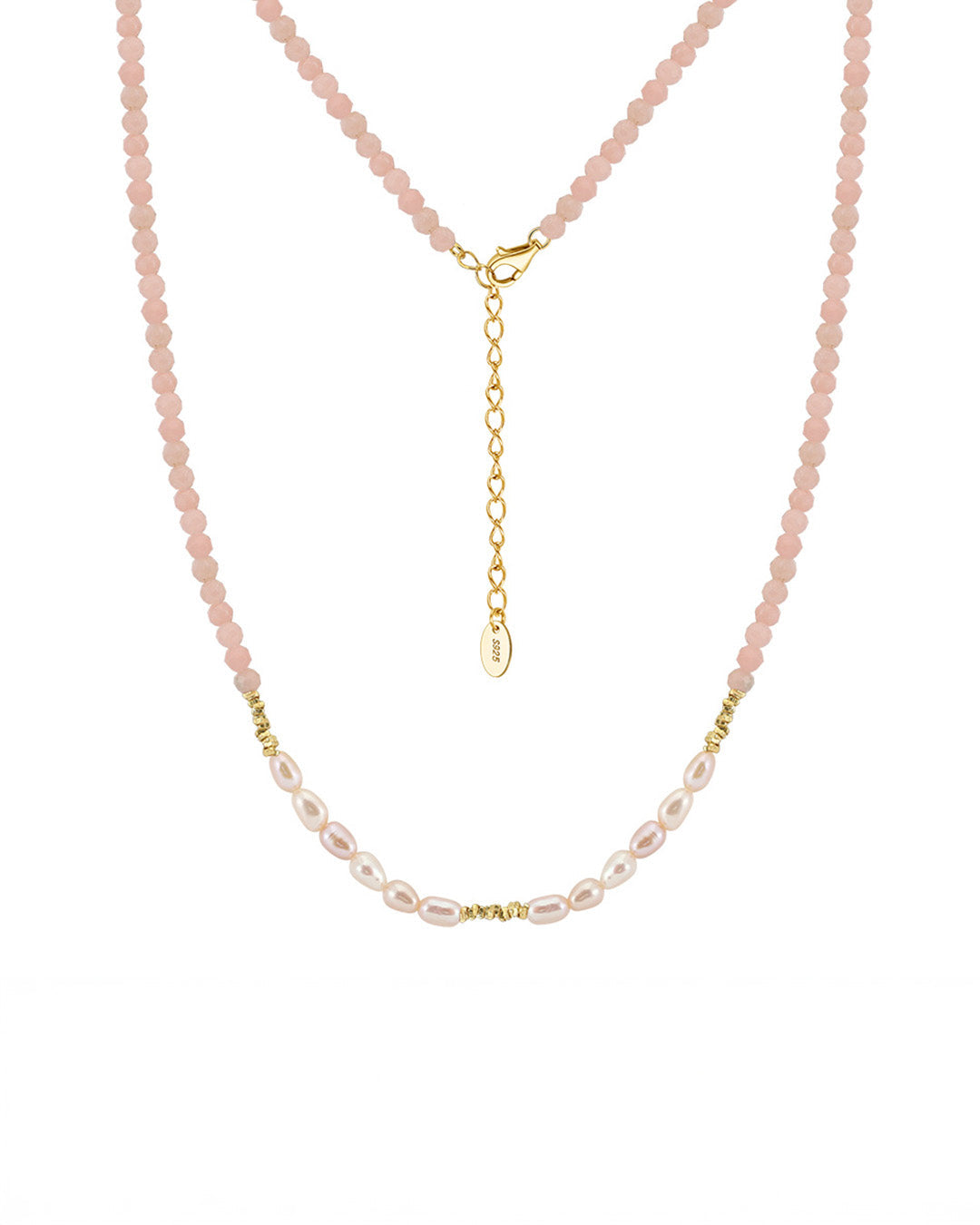 14K GOLD PLATED 925 STERLING SILVER, NATURAL FRESHWATER PEARL &amp; PINK OPAL NECKLACE | ROSELLE