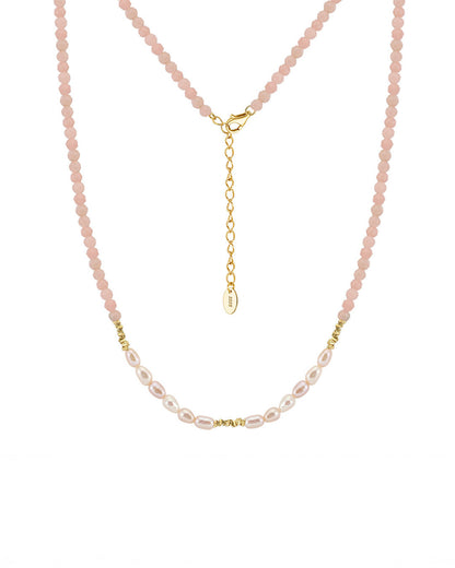 14K GOLD PLATED 925 STERLING SILVER, NATURAL FRESHWATER PEARL &amp; PINK OPAL NECKLACE | ROSELLE