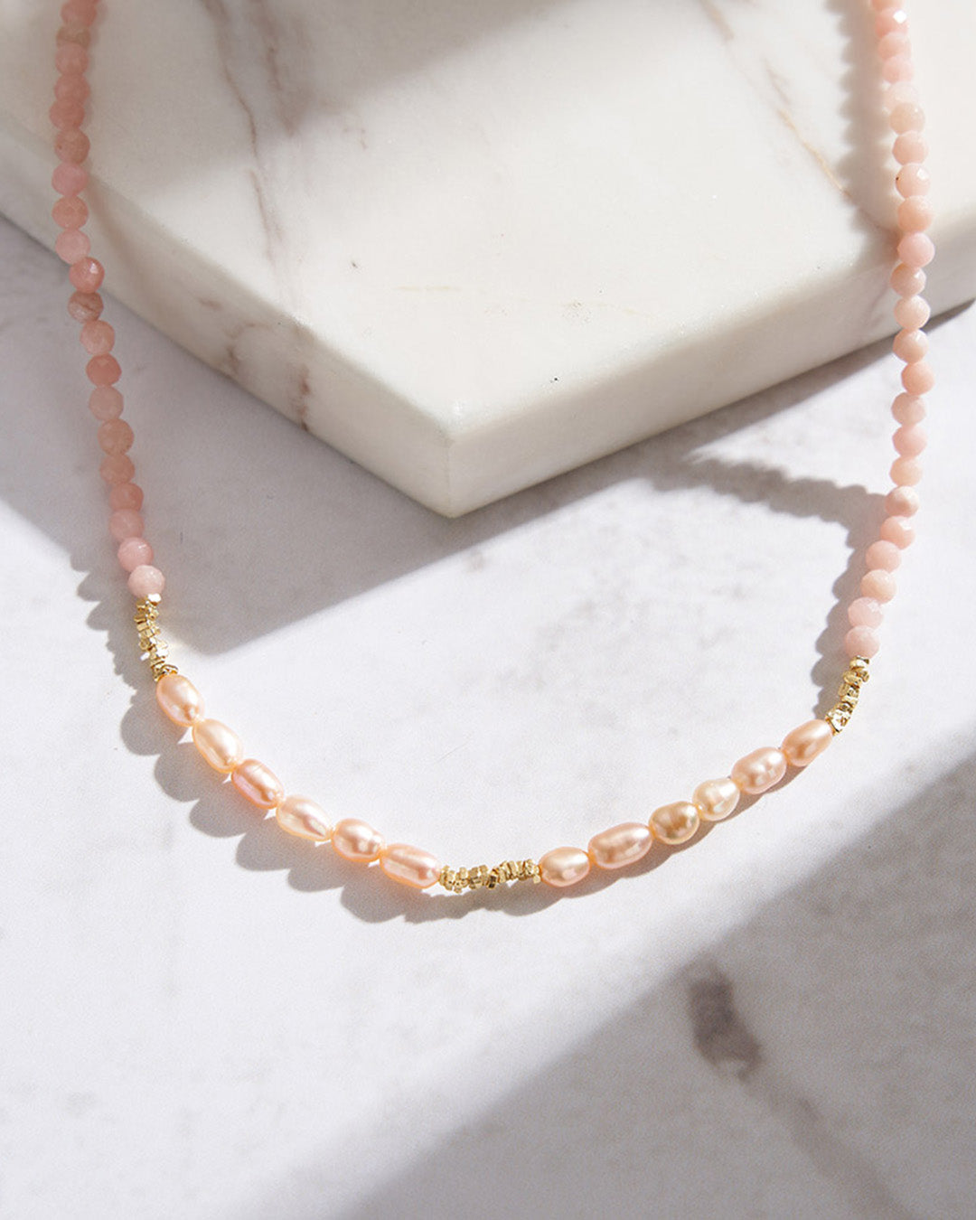 14K GOLD PLATED 925 STERLING SILVER, NATURAL FRESHWATER PEARL &amp; PINK OPAL NECKLACE | ROSELLE