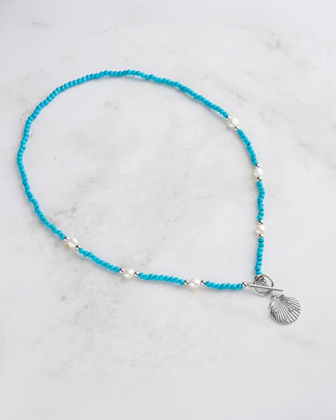 RHODIUM PLATED 925 STERLING SILVER, NATURAL FRESHWATER PEARL &amp; TURQUOISE NECKLACE | RAVINE