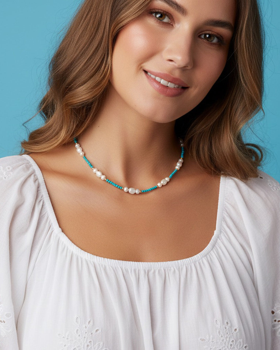 14K GOLD PLATED 925 STERLING SILVER, NATURAL FRESHWATER PEARL &amp; TURQUOISE NECKLACE | ZALEEN