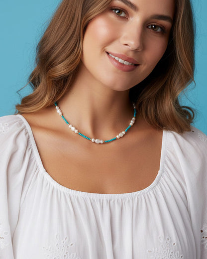 14K GOLD PLATED 925 STERLING SILVER, NATURAL FRESHWATER PEARL &amp; TURQUOISE NECKLACE | ZALEEN