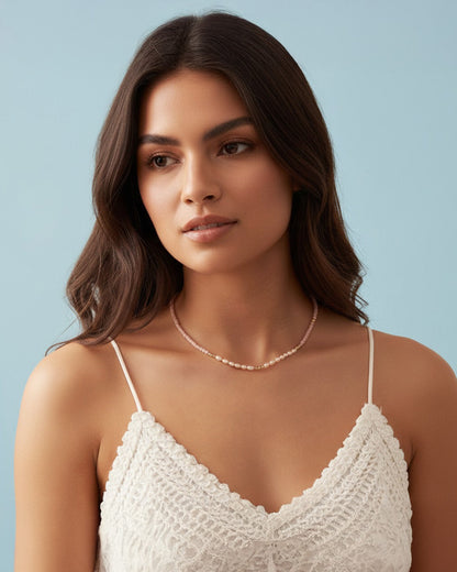 14K GOLD PLATED 925 STERLING SILVER, NATURAL FRESHWATER PEARL &amp; PINK OPAL NECKLACE | ROSELLE