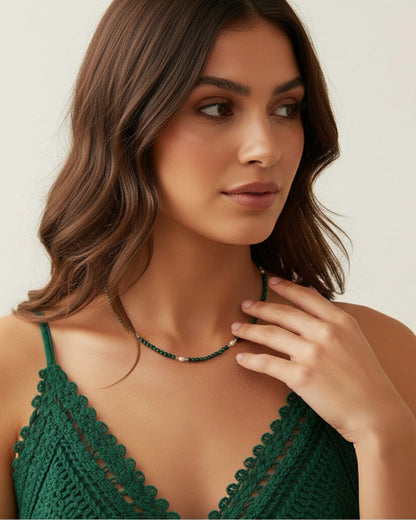 14K GOLD PLATED 925 STERLING SILVER, NATURAL FRESHWATER PEARL &amp; MALACHITE NECKLACE | ZUMÉA