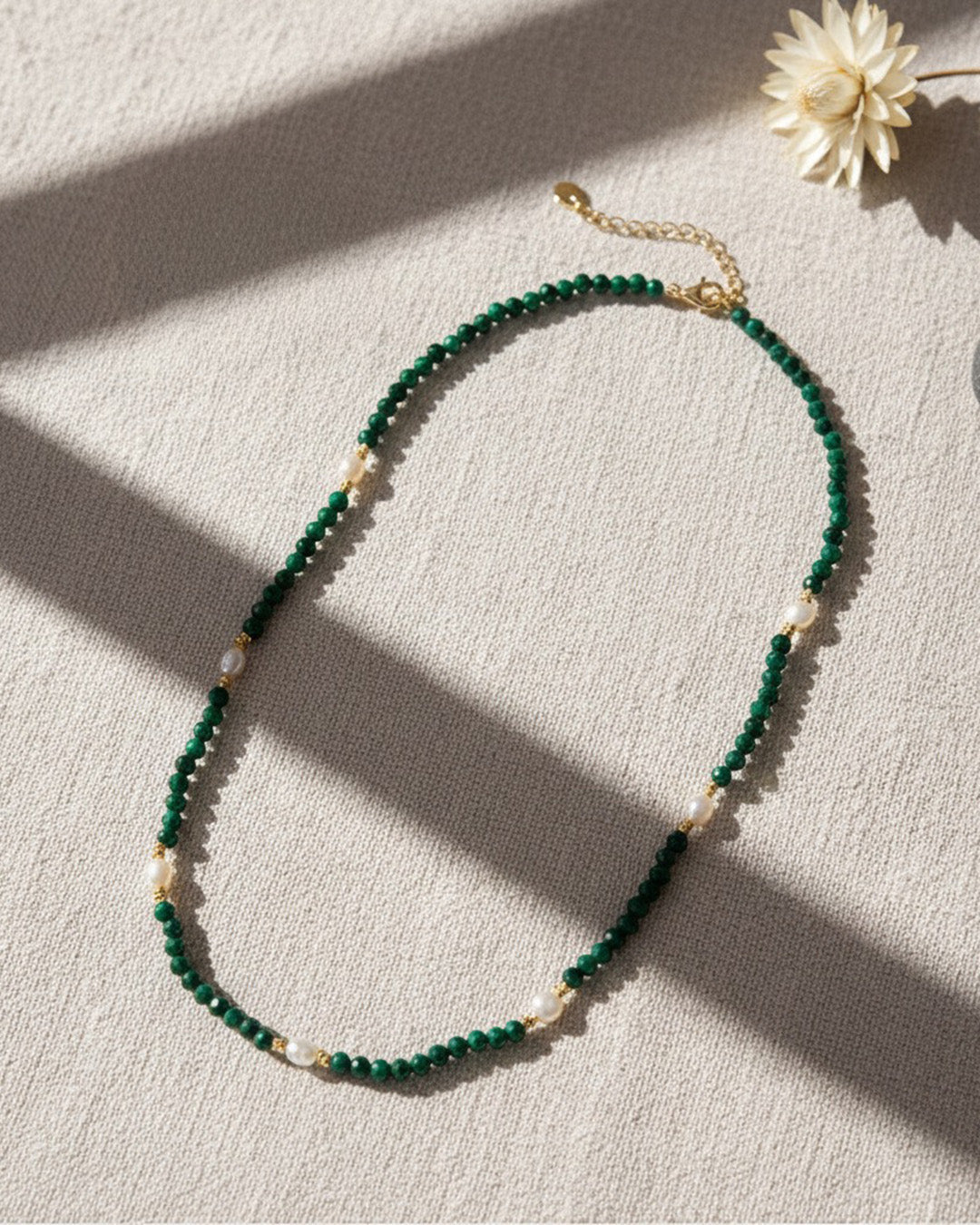 14K GOLD PLATED 925 STERLING SILVER, NATURAL FRESHWATER PEARL &amp; MALACHITE NECKLACE | ZUMÉA