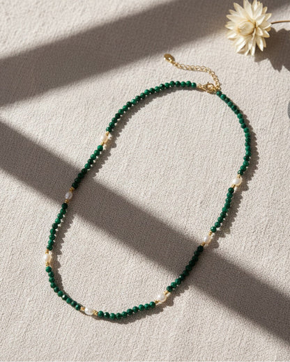 14K GOLD PLATED 925 STERLING SILVER, NATURAL FRESHWATER PEARL &amp; MALACHITE NECKLACE | ZUMÉA