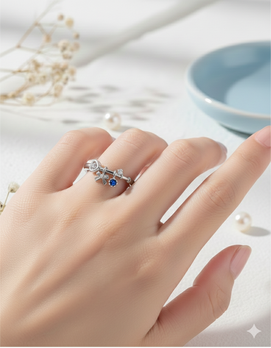 JOUXETTE RING - RHODIUM PLATED 925 STERLING SILVER, 5A CUBIC ZIRCONIA &amp; CREATED SAPPHIRE