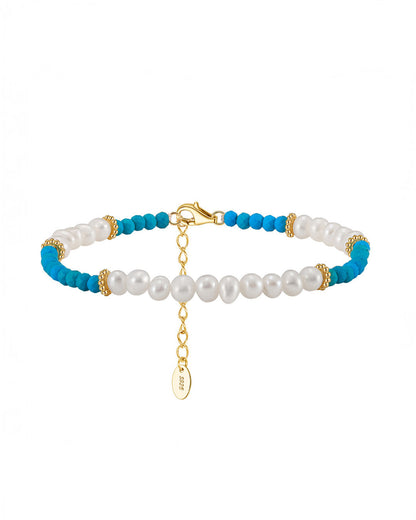 14K Gold Plated 925 Sterling Silver - Pearl &amp;amp; Turquoise BRACELET |  MARIS