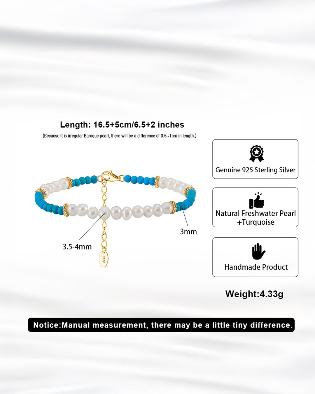 14K Gold Plated 925 Sterling Silver - Pearl &amp;amp; Turquoise BRACELET |  MARIS