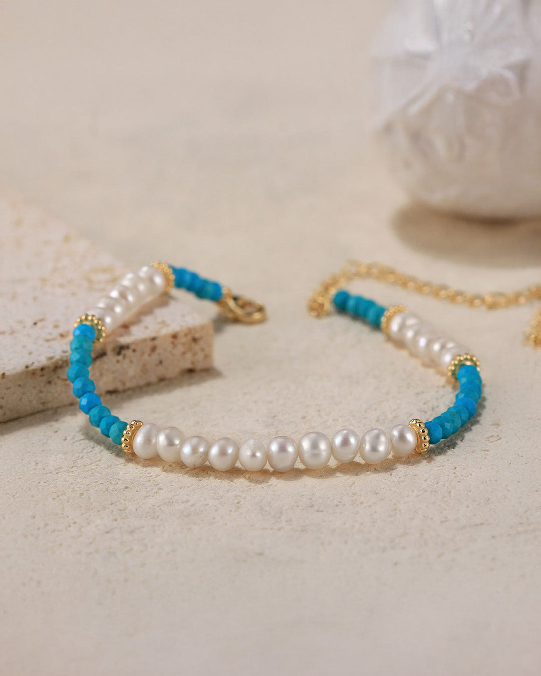 14K Gold Plated 925 Sterling Silver - Pearl &amp;amp; Turquoise BRACELET |  MARIS