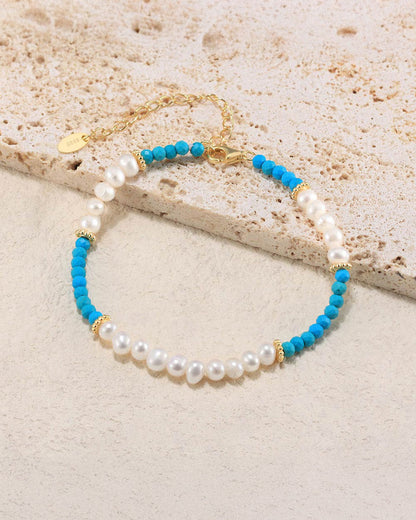14K Gold Plated 925 Sterling Silver - Pearl &amp;amp; Turquoise BRACELET |  MARIS