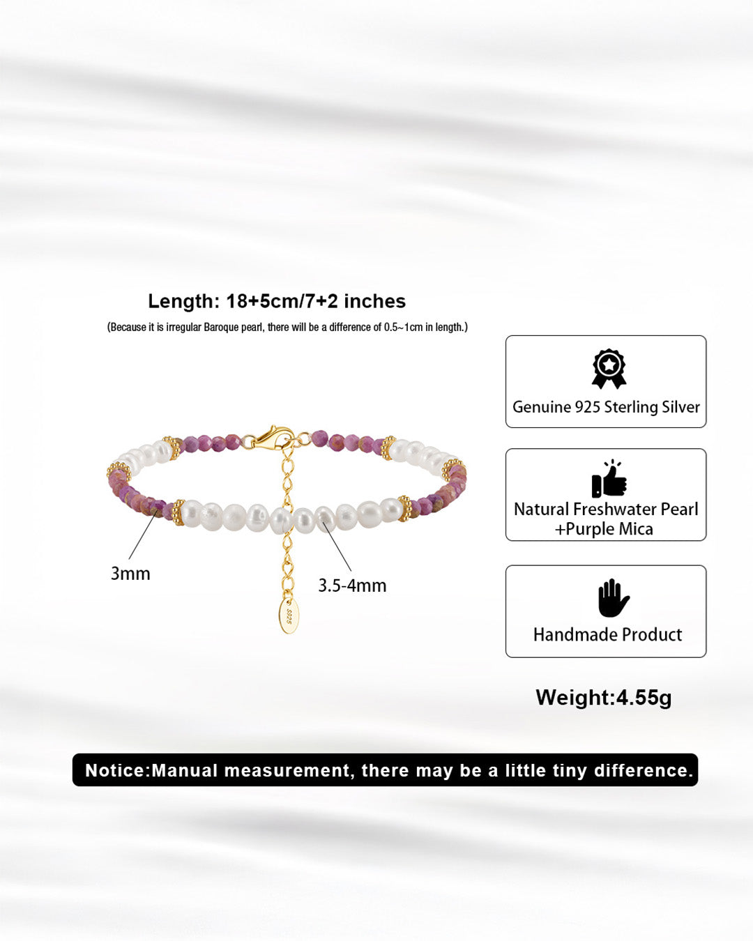 14K Gold Plated 925 Sterling Silver - Pearl &amp; Purple Mica BRACELET |  AMETHA