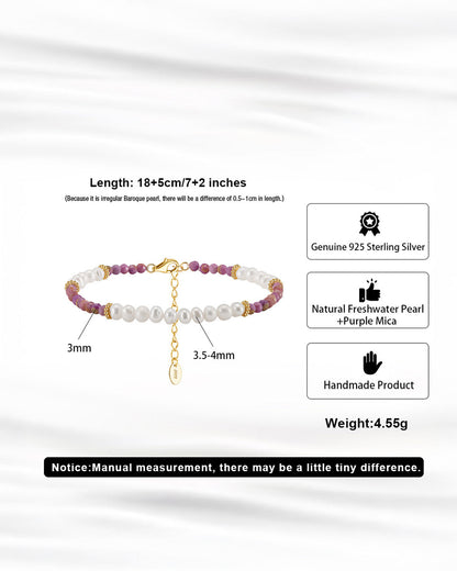 14K Gold Plated 925 Sterling Silver - Pearl &amp; Purple Mica BRACELET |  AMETHA