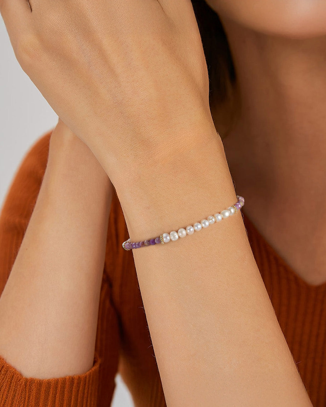 14K Gold Plated 925 Sterling Silver - Pearl &amp; Purple Mica BRACELET |  AMETHA