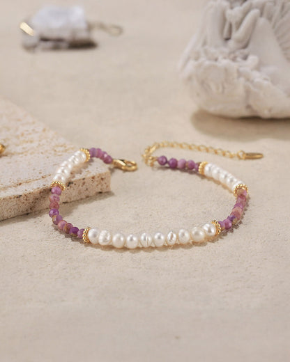14K Gold Plated 925 Sterling Silver - Pearl &amp; Purple Mica BRACELET |  AMETHA