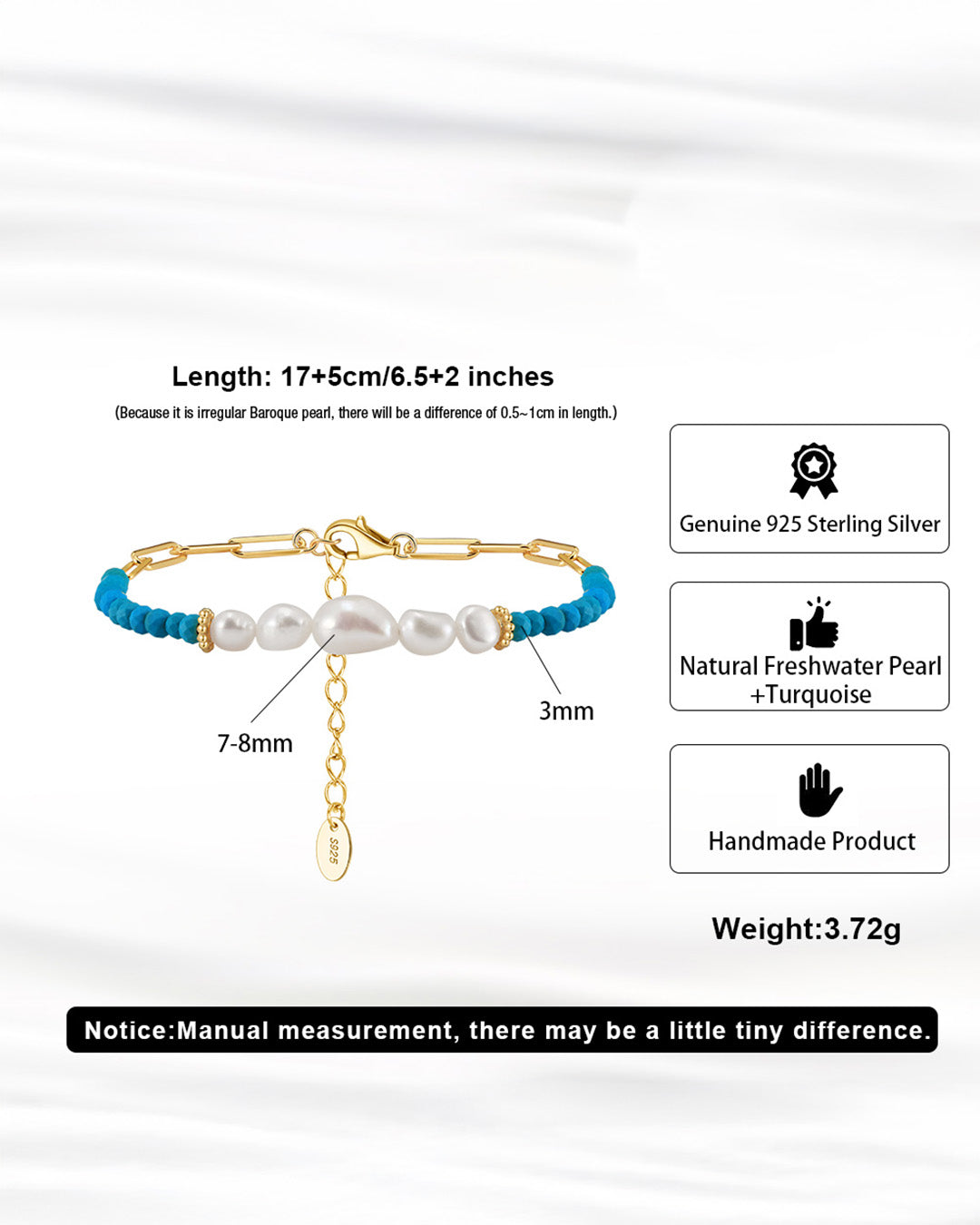 14K Gold Plated 925 Sterling Silver - Pearl, &amp; Turquoise BRACELET | BERIN
