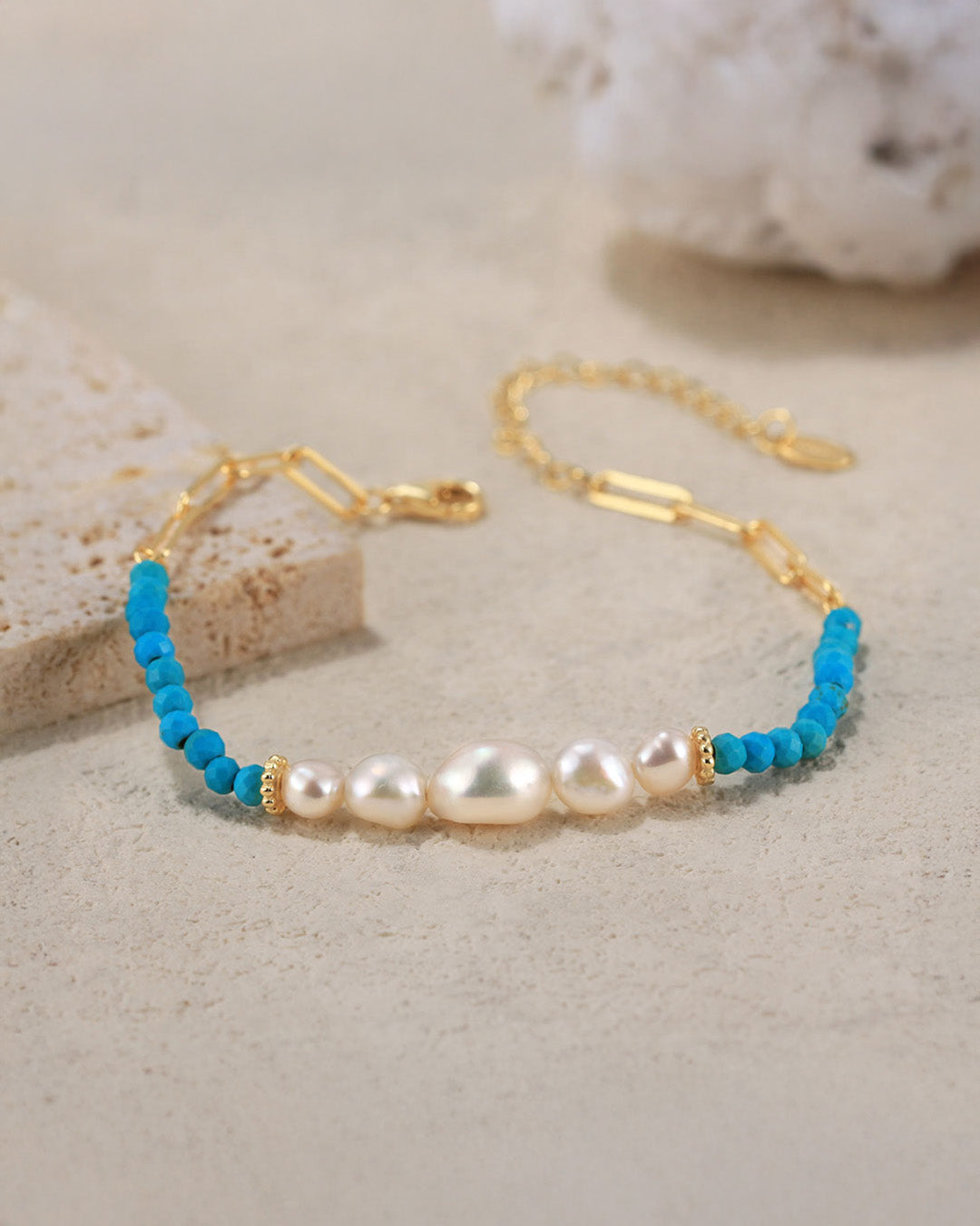 14K Gold Plated 925 Sterling Silver - Pearl, &amp; Turquoise BRACELET | BERIN