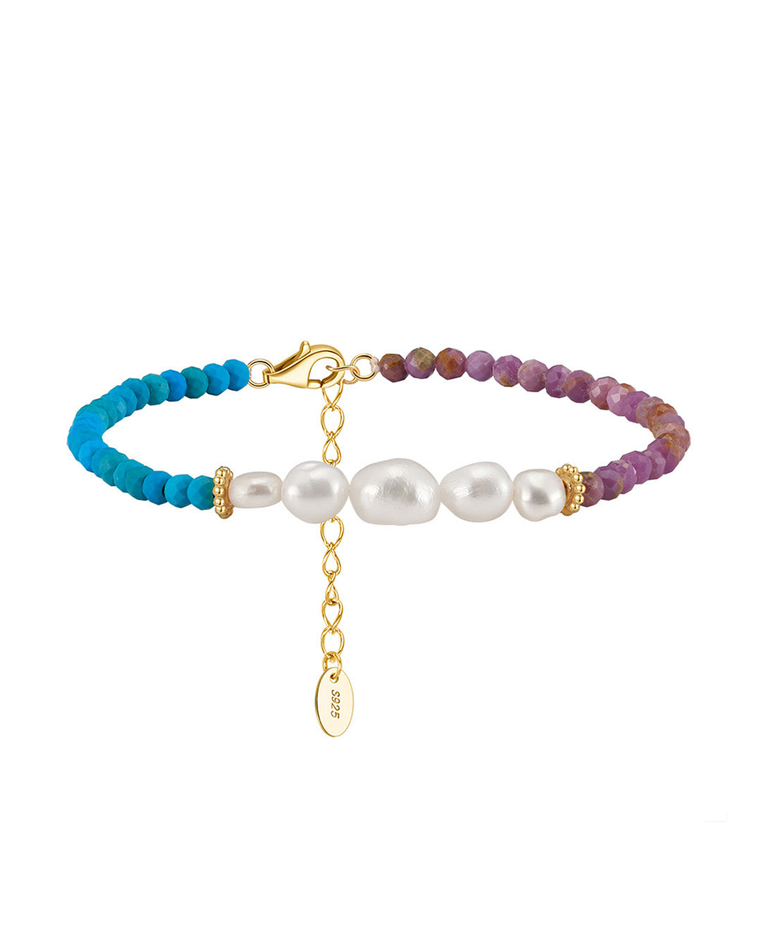 14K Gold Plated 925 Sterling Silver - Pearl - Turquoise &amp; Purple Mica BRACELET | BRYON
